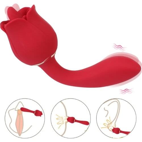 Vibrating Dildo Rose Shape Dual Head Clit Stimulation Oral Tongue Licking Vibrator Nipple Vagina Massager Sex Toys for Women