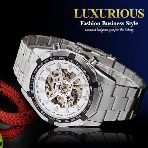 WINNER Brand Skeleton Automatic Men Watches Stainless Steel Band Mechanical Wristwatches with Gift Box