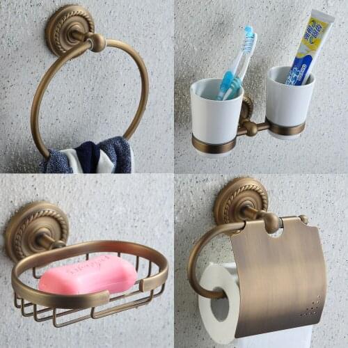 X16002- Luxury Wall Mounted Bronze Finish Brass Bathroom Hardware Set including Towel Ring Paper Holder Soap Holder and Tumbler