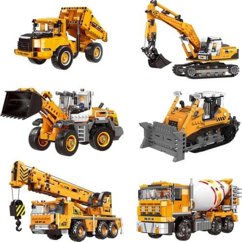XINGBAO CITY Engineering Vehicle Building Blocks Dump Truck Forklift Loader Crane Excavator Bulldozer Cement Mixer Sets Bricks