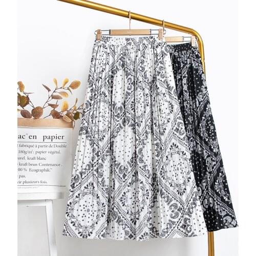 Woman Skirts Elegant Vintage Geometric Print Pleated Skirt Women Summer Elastic High Waist Chiffon Midi Skirt 2020 Femme Jupes