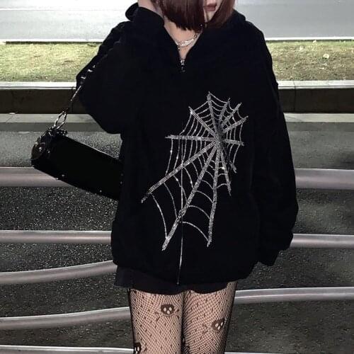 YiYiMiYu Gothic Punk Spider Web Hooded Women Fairy Grunge Dark Academia Jacket Coat Harajuku Outwear Zipper Sweatshirts