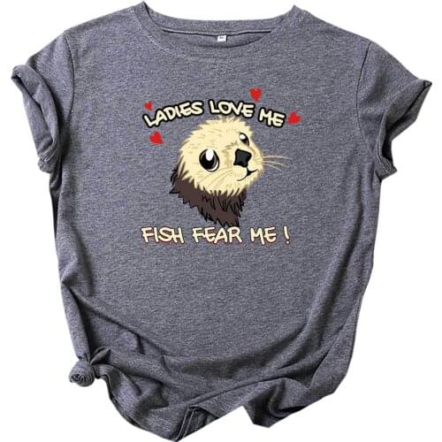 MK Womens Loose O-Neck Lovely Otter Printed 100% Cotton Short Sleeved T-Shirts Female Round Collar Tshirts Fashion Tops Tees