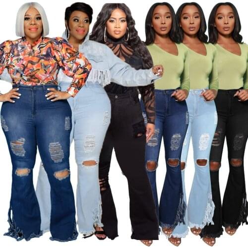 INS Hottest Women Ripped Jeans Plus Size Ladys Sexy Nightclub Wear High Waist Hollow Out Denim Flared Pants 2021 Autumn New