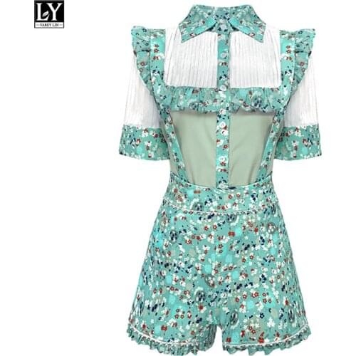 LY VAREY LIN Summer Women Sweet Suit Print Turn-down Collar Buttons Short Sleeve Shirts Tops+high Waist Wide Leg Shorts Overalls