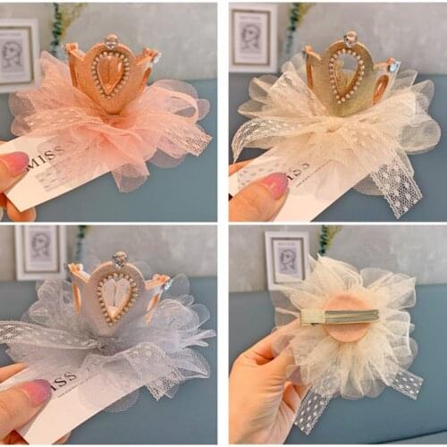 10pcs/lot Top Quality Lace Children Bow Pearl Crown Hairpin Princess Girl Headwear Accessories Kids Hair Clips