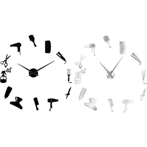2 Pcs Diy Barber Shop Giant Wall Clock with Mirror Effect Barber Toolkits Decorative Frameless Clock Watch Hairdresser Barber Wa