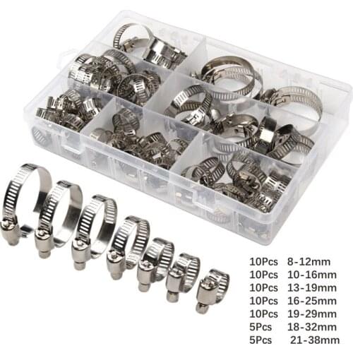60Pcs 8mm-38mm Mulit-Size Stainless Steel Hoop Clamp Hose Clamp Set Automotive Pipes Clip Fixed Tool Kit