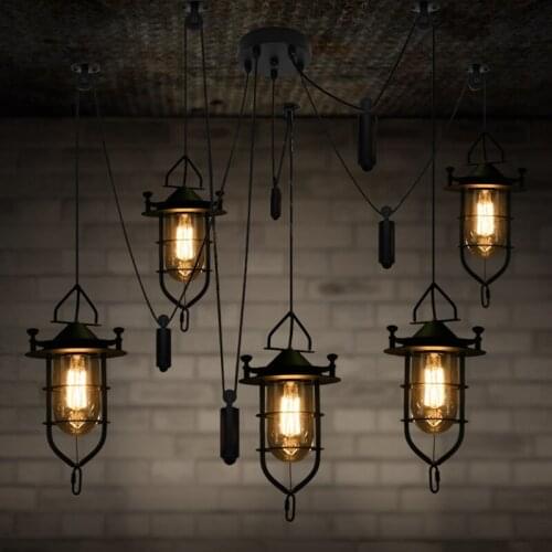 Bar pulley Lifting light Luminaria American Rural Retro Adjust cord E27 Edison Pendant Lighting Vintage glass shade hanging lamp
