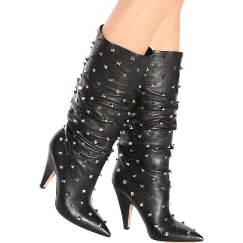 Punk Style Spike Rivets Studded Martin Ankle Boots Spike Chunky Knee High Heels Boots Sexy Women Stage Short Bottines