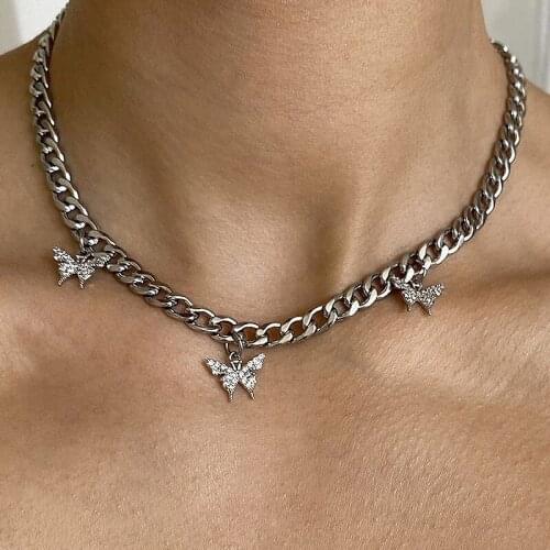 1 Pcs Women Simple Necklaces Silver Color Hollow Chain Crystal Butterfly Pendant Clavicle Chain Ladies Charm Beach Jewelry