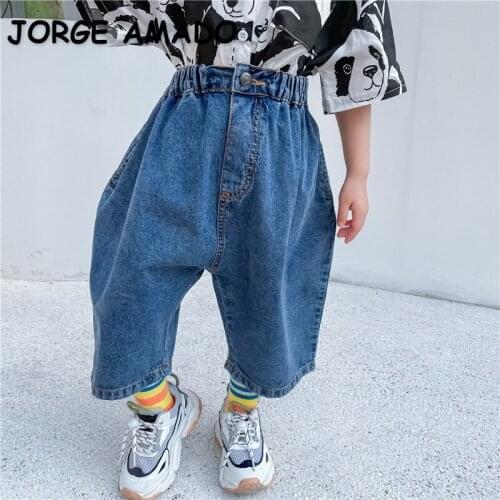 2021 Korean Style Summer Kids Boys Girls Jeans Loose Casual Haren Pants Thin Denim Trousers Pocket Children Clothes E3025