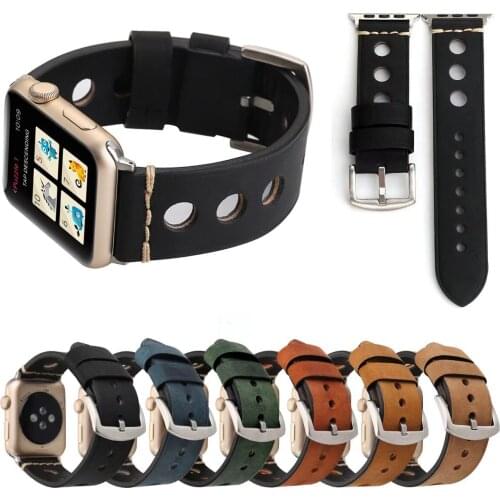 Big Round Hole Breathable Wrist Strap Bracelet for Apple Watch Series 3 2 1 Band 42mm 38mm Retro Genuine Leather Watch Band