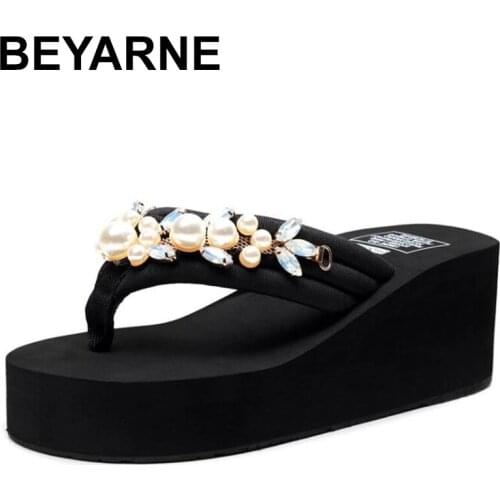 BEYARNE summer women sandals shiny diamond crystals handmade pearls sandal bohemia slippers wedges platform flip flops women