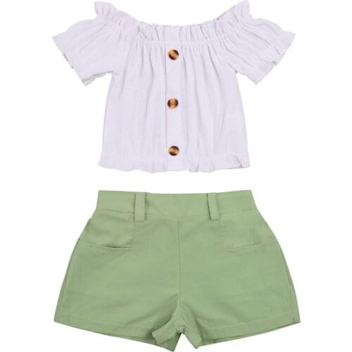 2-6Years Girl’s Short Sleeve and Shorts Set Fashion Solid Color Boat Neck Button T-shirt and Pocket Short Pants