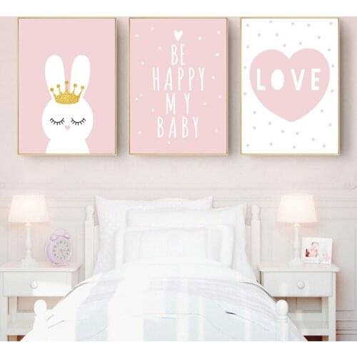 Pink Heart Love Poster Nursery Art Print Rabbit Bunny Canvas Painting Quotes Wall Art Posters Picture Baby Girls Room Decoration