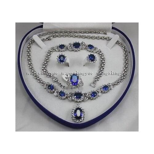 Genuine Blue Zircon Inlay Link Bracelet earrings Ring Necklace Set plated watch wholesale Quartz jade CZ crystal