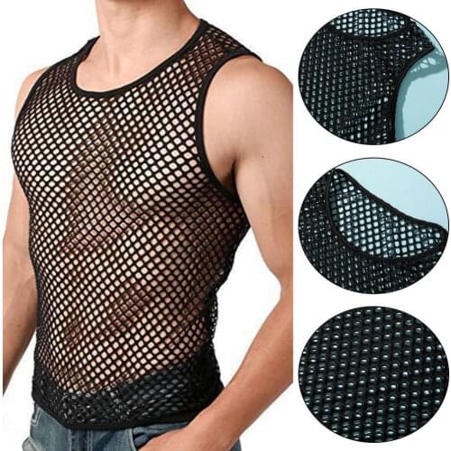 Top Men Vest Sexy Hollow out See-through Fishnet Summer Men Vest Polyester Round Neck Sleeveless Top Men Streetwear Tops 2XL