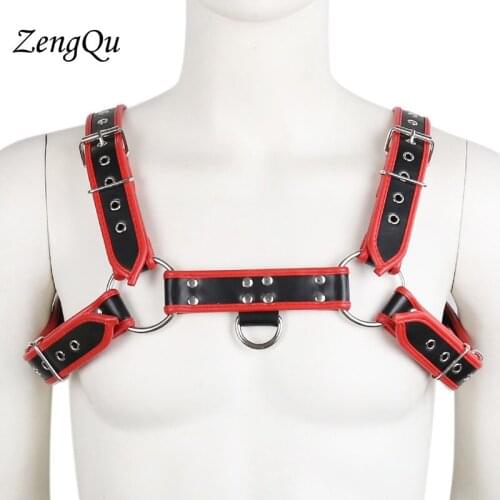 Men Sexy Metal rivet punk black and red ligerie bustier corset sculpting chest belt leather suspenders braces pants