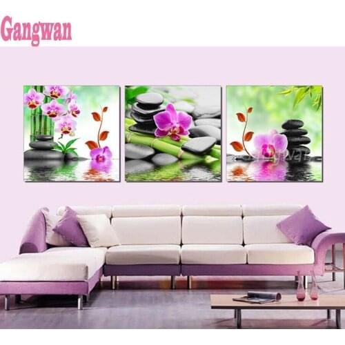 5D Diy Square Diamond Painting orchid cross-stitch Kits Mosaic Painting Bamboo Black Spa Zen Stone 3 pcs Pictures Embroidery art