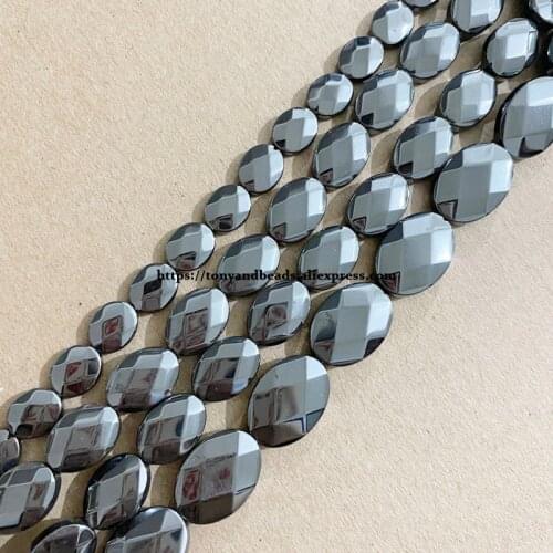 Natural Faceted Flat Oval Round Black Hematite Stone Loose Beads 8x10 10x14 13x18MM 15" Pick Size Jewelry Making