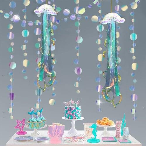 Iridescent Blue Mermaid PVC Circle Garlands Jellyfish Seashell Starfish Bubble Paper Streamer for Under The Sea Party Decoration