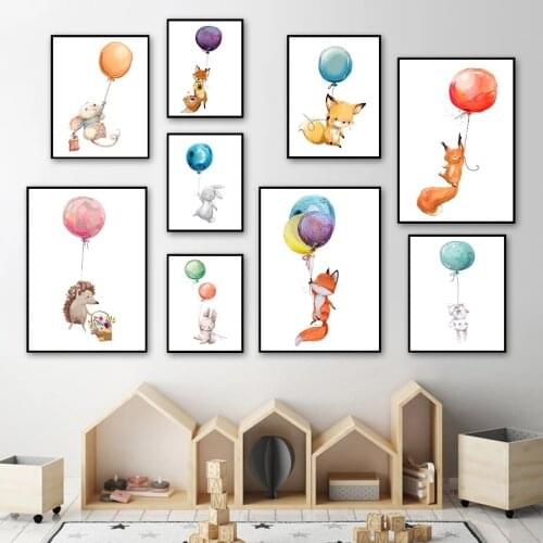 Nordic Posters and Prints Balloon Fox Rabbit Mouse Hedgehog Cartoon Wall Art Canvas Painting Wall Pictures for Kids Room Decor