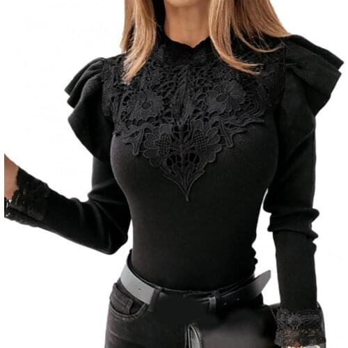 70% Dropshipping!Lace Ruffle Patchwork Women Velour Blouse Long Sleeve Turtleneck Shirt Autumn Winter Basic Slim Bottom Top