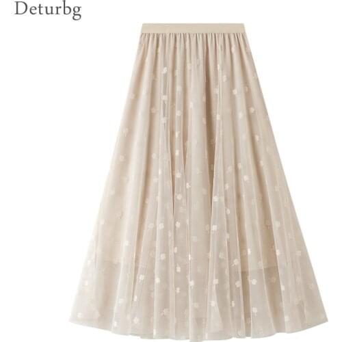 Womens Elegant Lucky Clover Floral Skirt Korean Female High Waist 3 Layer Mesh Black A-Line Midi Long Skirts 2021 Spring Sk682