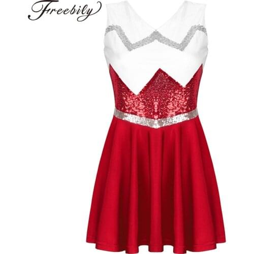 Womens Adults Stage Performance Cheerleader Team Jazz Dance Costume Shiny Sequins Sleeveless V Neck Flared Mini Dress Dance Wear
