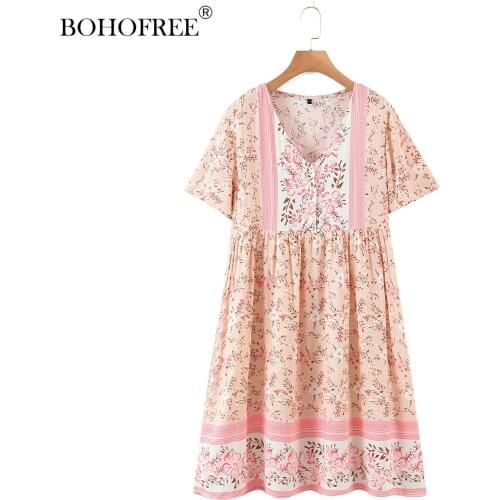 Bohemian Resort Style Rayon Printed Short-sleeved V-neck Dress Woman Casual Loose Cotton Button Plus Size Dress