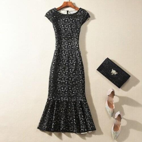 Plus Size Women Clothing 3XL 4XL Elegant Designer Runway Fashion Hollow Midi Trumpet Party Dress Lace Festa Sexy Black Vestidos