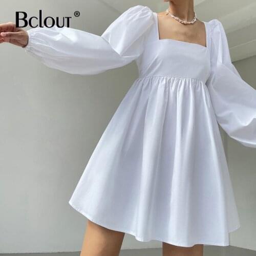 Elegant White Pink Square Collar Slim Woman Dress 2021 Summer Puff Sleeve Mini Dress Hollow Out Office High Waist Pleated Robe