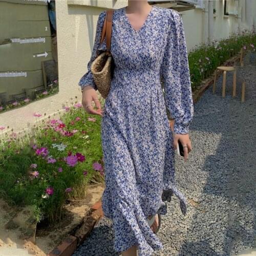 2021 Women Summer Blue Long Floral Chiffon Trumpet Dress Sashes V Neck Slim Waist A-line Pullover Maxi Sundress