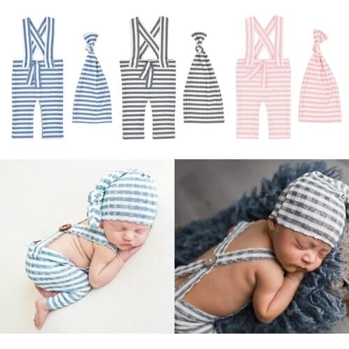 2 Pcs Baby Stripe Romper Long Tail Knotted Hat Set Newborn Photography Props Strap Pants for Infants Photo Shooting
