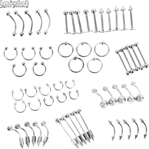 60pcs/set Steel Belly Button Piercings Nose Studs Ring Labret Lip Eyebrow Tongue Piercings Helix Barbell Body Jewelry Piercing