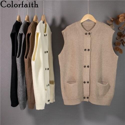 Colorfaith 2021 New Autumn Winter Women Sweater Sleeveless Waistcoat Oversized Knitted Pocket Vintage Elagant Lady Vests SWV1354
