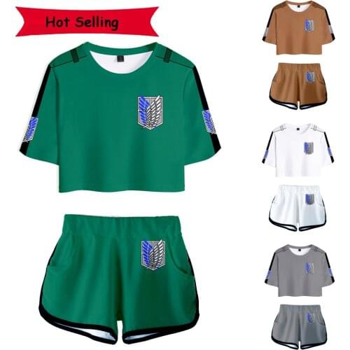 Attack On Giant T-shirt Cosplay Women Short Sleeve Casual Sport Suit Beach Shorts Swimming Pant Freedom Wing Investigation Corps