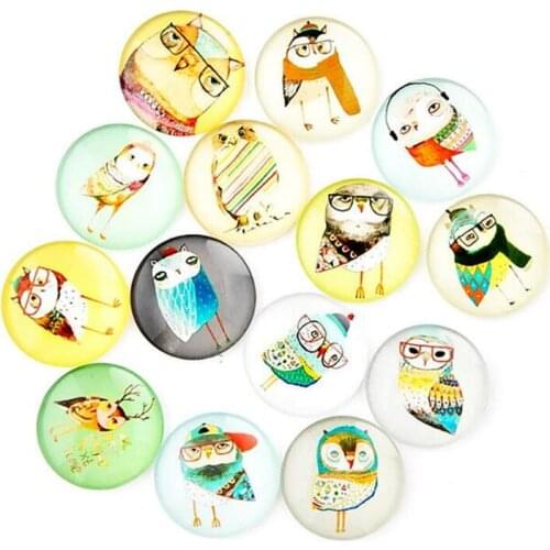 Julie Wang 8-30mm Glass Cabochons Mixed Cartoon Owl Patterns Fat Back Round Bird Demo Jewelry Making Accessory
