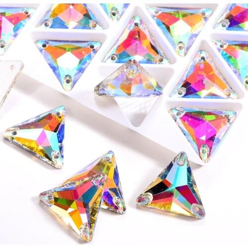Crystal AB 12mm To 23mm Tri-angle Shapes Sew On Rhinestones With 2 Holes Flatback Sewing Rhinestones For Garment B0199
