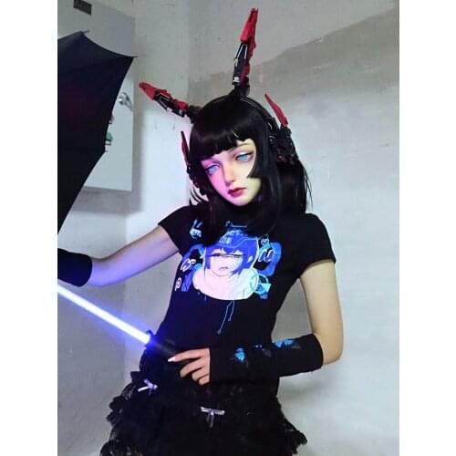 Summer Short Sleeve Girl Printing Crop Top Gothic Round Neck Punk Black Tshirt Tees Hot Girl T-shirt with Arm Sleeve