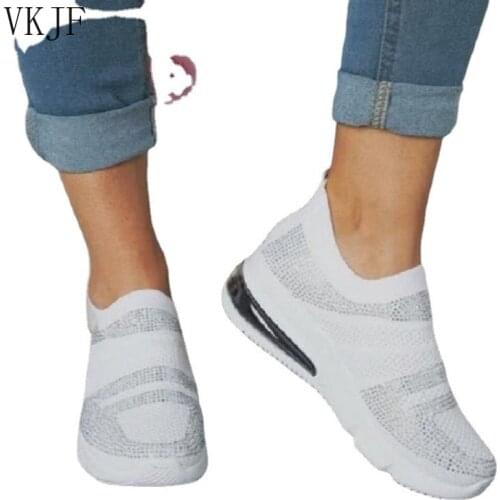 Running Sports Shoes Summer Women Lady Casual All-Match Bling Rhinestone Flying Knitted Woven Mesh Air Soft Sneakers Increasing