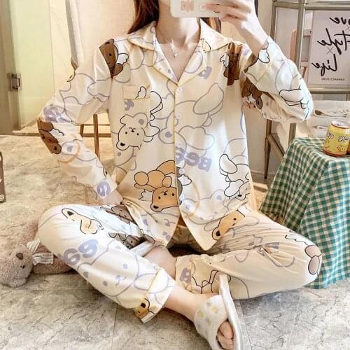 Autumn Womens Cotton Pajamas Set Cute Cartoon Angel Bear Print Pajamas Home Service Comfortable Loose Casual Long Sleeves