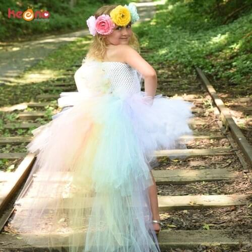 Rainbow Unicorn Bustle Girl Tutu Dress Kids Pony Birthday Party Halloween Tutu Dress with Long Train Tail Baby Photo Props