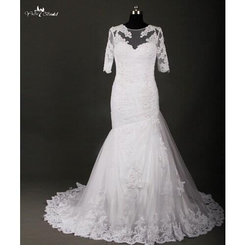 RSW861 Long Sleeve Wedding Dress Pleated Tulle Vestidos De Noiva Sereia
