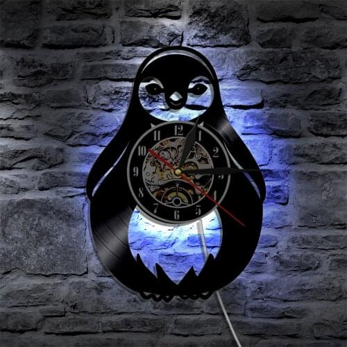 Antarctic Penguin Led Vinyl Clock Wall Light Color ChangeVintage Backlight Modern Handmade Decor Lamp Remote Controller