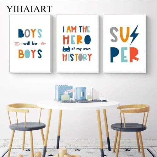 Nordic Kids Cartoon Poster Nursery Quotes Wall Art Canvas Print Painting Superhero Decorative Picture Baby Boy Bedroom Decor