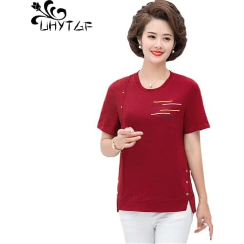 UHYTGF 5XL Oversized T-Shirt Women Middle-Aged Elderly Mothers Summer T-Shirt Short Sleeve Pullover Casual Female Thin Tops 1592