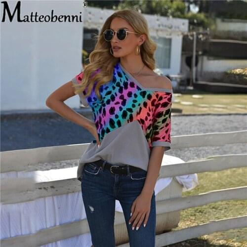 Color Leopard Stitching V-Neck Short-Sleeveed Women Tee-Shirt Tops 2021 Summer New Women Fashion Sexy Casual Streetwear T-Shirt