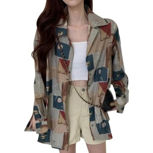 Women Retro Print Long Sleeve Shirt Unique Print Design Blouse Teenager Girls Loose Lapel Tops 2021